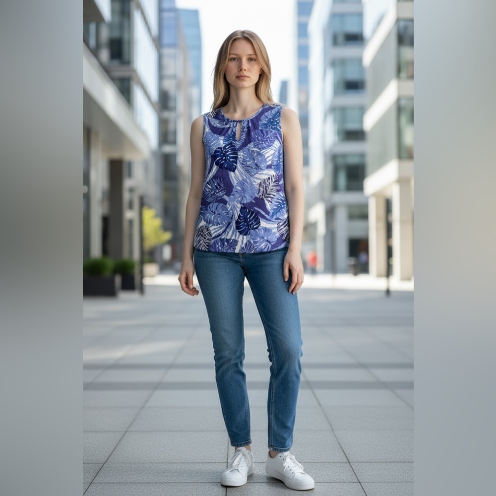 NEW, French Twist, Blue Leaf Print Sleeveless Top, Small